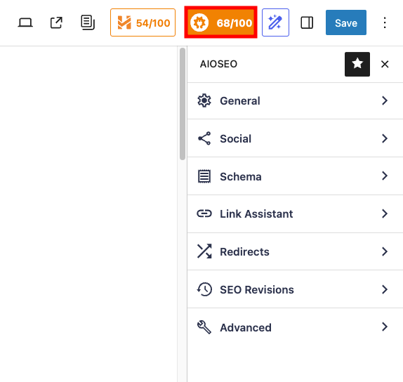 Param&egrave;tres d&rsquo;AIOSEO dans l&rsquo;&eacute;diteur WordPress
