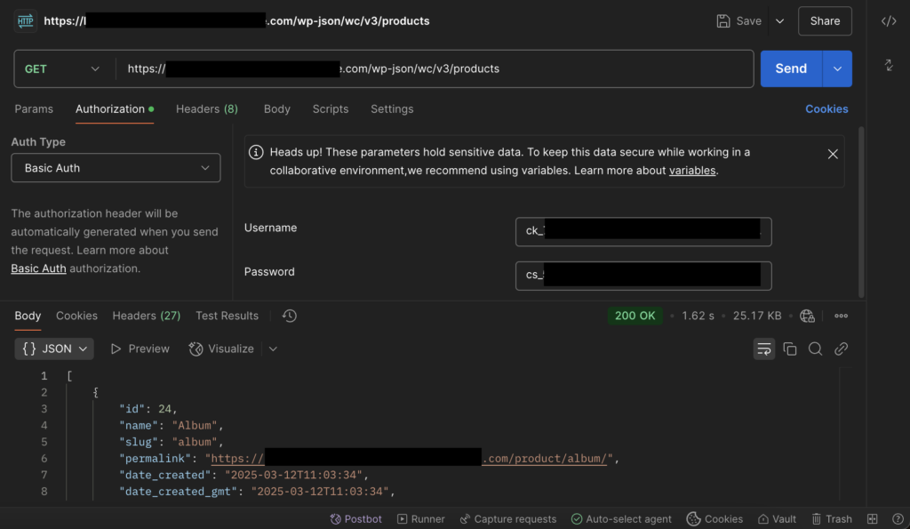 Exemple de requête GET de l’API REST de WooCommerce