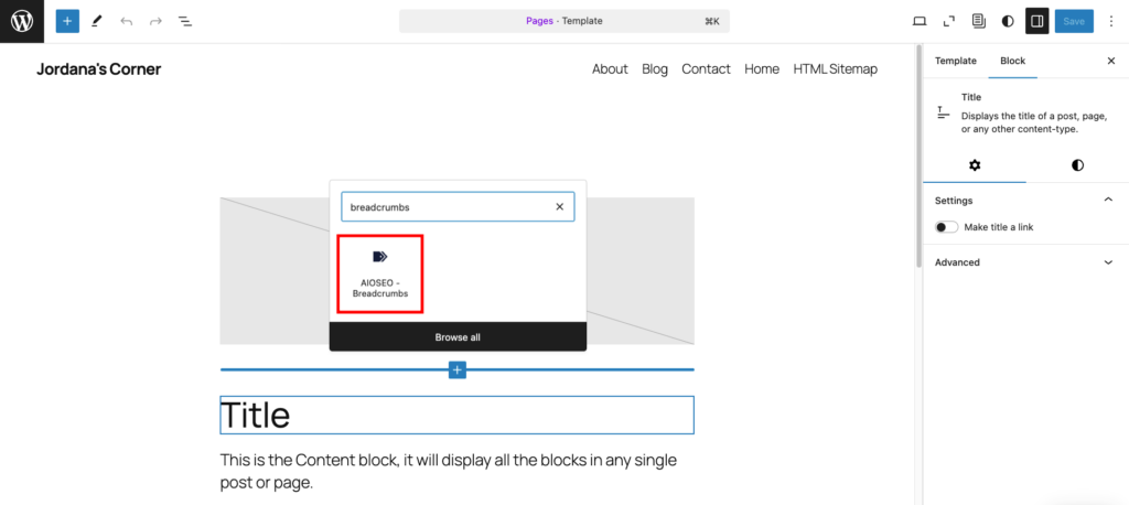 Ajouter le bloc Fil d&rsquo;Ariane au mod&egrave;le Pages dans l&rsquo;&Eacute;diteur de site de WordPress
