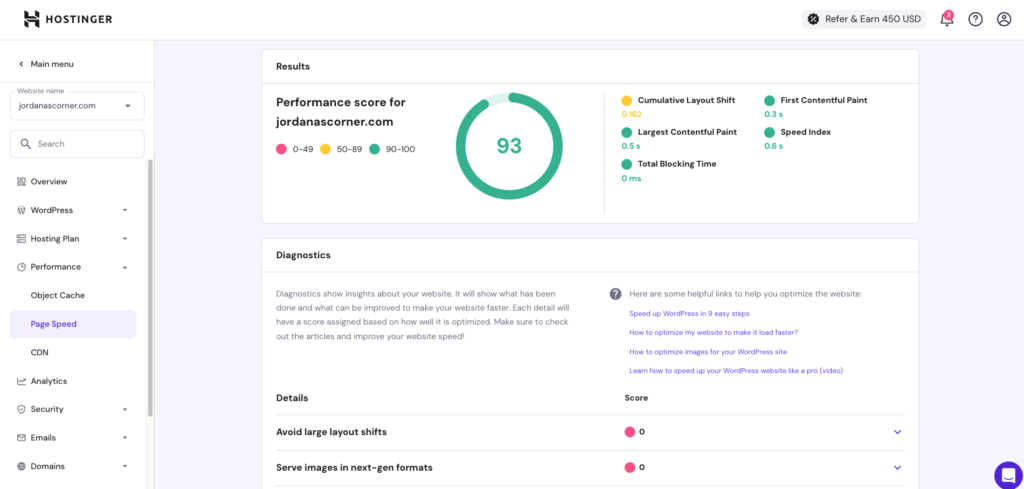 Fonctionnalit&eacute; de test de vitesse des pages dans le hPanel de Hostinger
