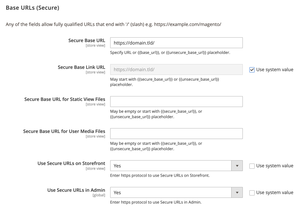 Panneau d&rsquo;administration de Magento affichant les options de configuration des URL de base (s&eacute;curis&eacute;es)