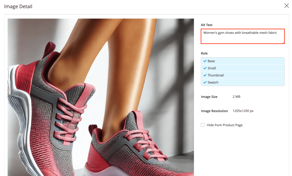 &Eacute;diteur de la page produit Magento mettant en &eacute;vidence le champ Texte alternatif d&rsquo;une image