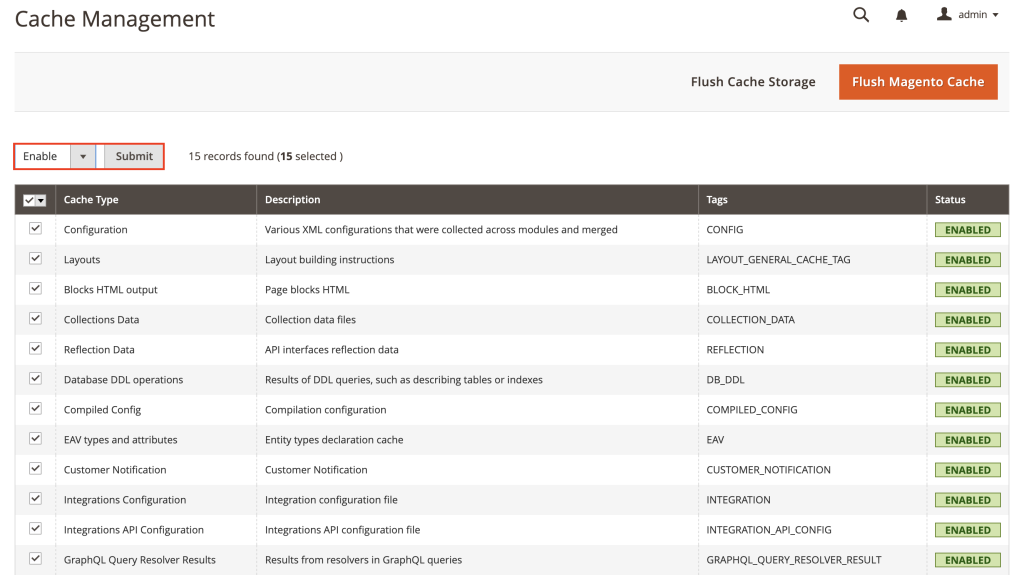 Panneau d&rsquo;administration de Magento affichant les options de gestion du cache avec les types de cache activ&eacute;s