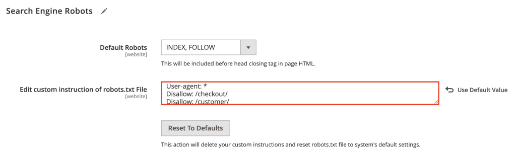 Panneau d&rsquo;administration de Magento mettant en &eacute;vidence le champ d&rsquo;instructions robots.txt personnalis&eacute;es dans les param&egrave;tres Robots des moteurs de recherche