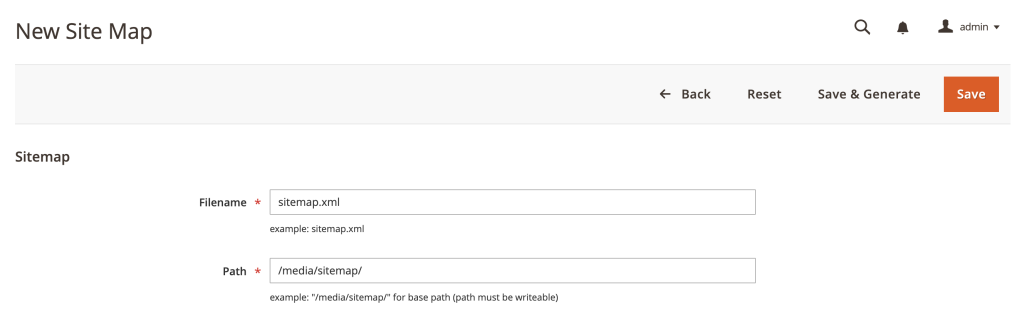 Panneau d&rsquo;administration de Magento affichant le formulaire Ajouter un sitemap avec les champs nom de fichier et chemin d&rsquo;acc&egrave;s