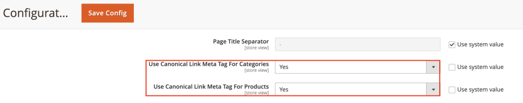 Panneau d&rsquo;administration de Magento mettant en &eacute;vidence les options de balise m&eacute;ta de lien canonique pour les cat&eacute;gories et les produits