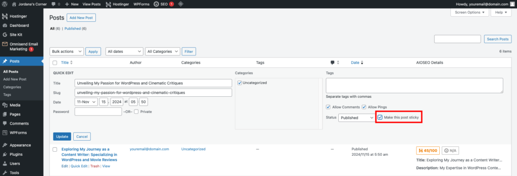 Modification rapide d&rsquo;une publication WordPress
