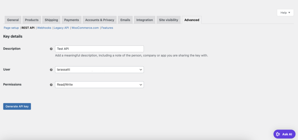 La page de génération de l’API REST de WooCommerce