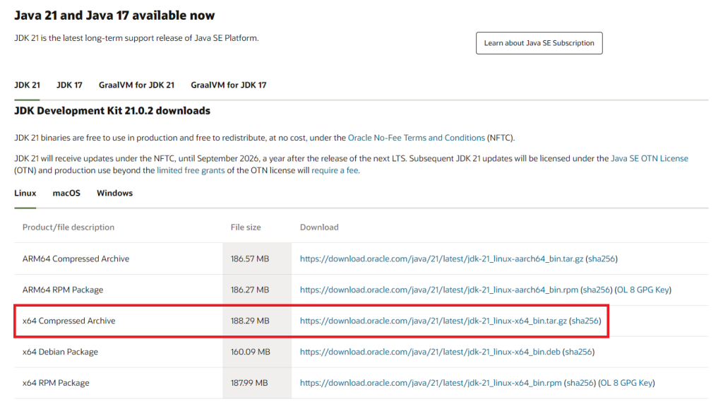 Choix de la version de JDK adapt&eacute;e &agrave; Ubuntu sur la page de t&eacute;l&eacute;chargement officielle d&rsquo;Oracle