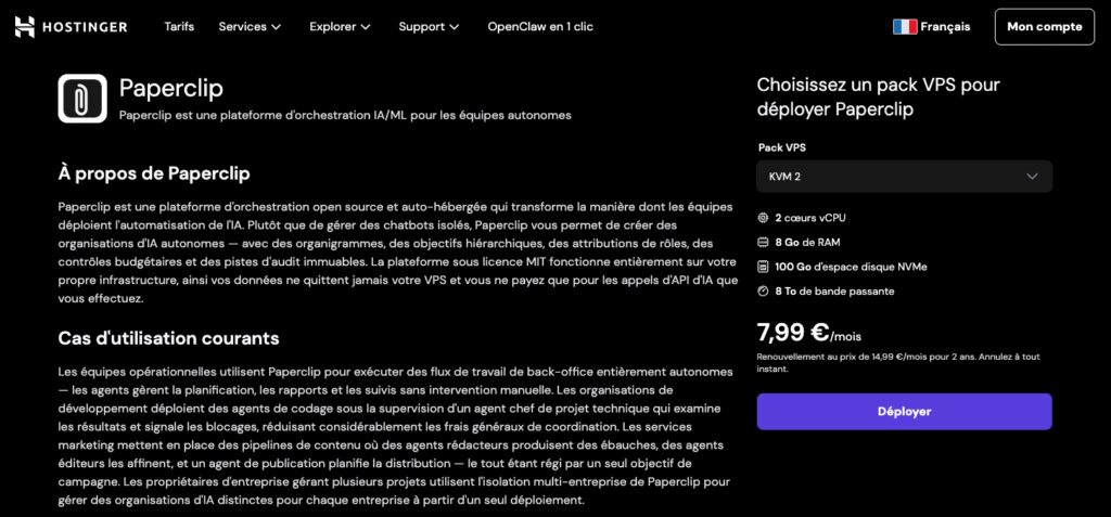 Page VPS Paperclip de Hostinger, o&ugrave; les utilisateurs peuvent choisir une offre VPS pour d&eacute;ployer Paperclip.