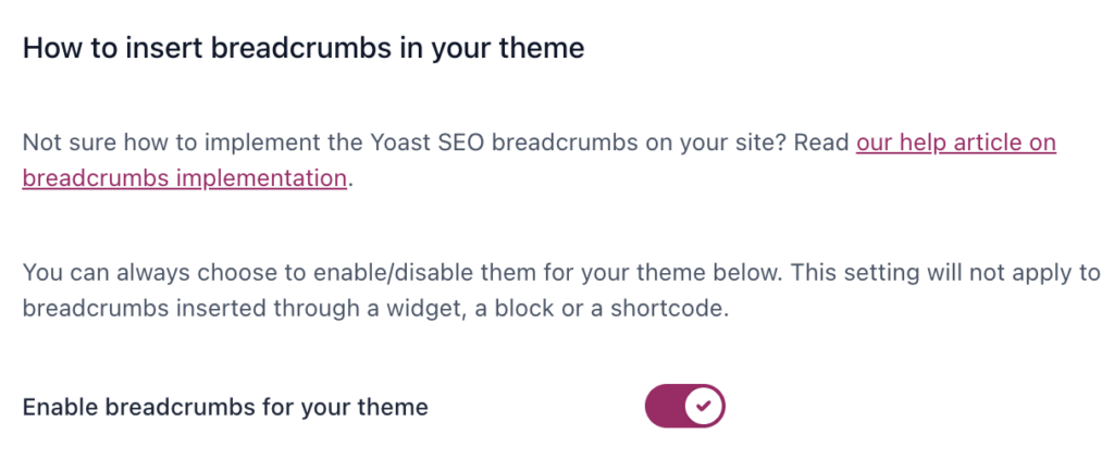 Le param&egrave;tre &laquo; Activer le fil d&rsquo;Ariane &raquo; du plugin Yoast SEO