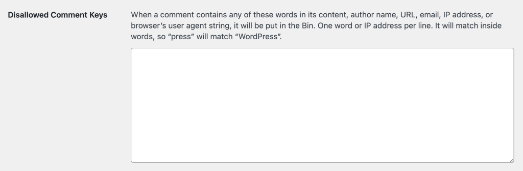 Paramètres des commentaires WordPress où l’utilisateur peut ajouter des mots-clés bloqués pour supprimer automatiquement les commentaires sur ce thème