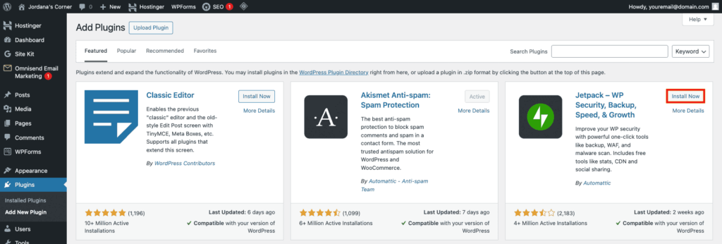 Page des extensions WordPress, avec mise en &eacute;vidence du bouton permettant d&rsquo;installer une extension
