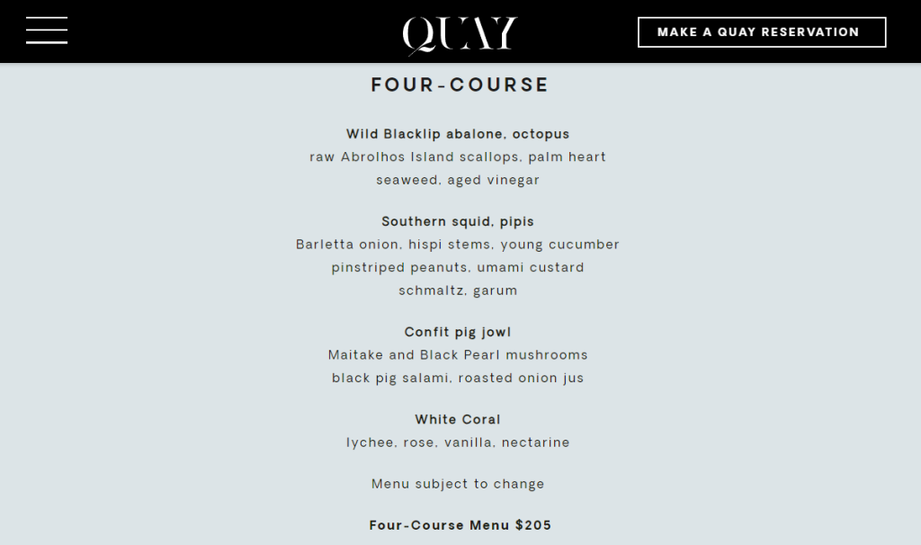 Tarifs de l’offre en quatre plats de QUAY