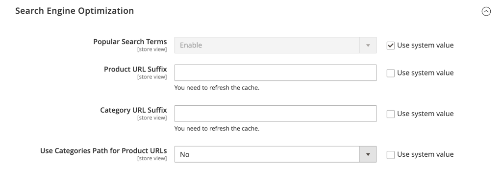 Panneau d&rsquo;administration de Magento affichant le param&egrave;tre Utiliser le chemin des cat&eacute;gories pour les URL des produits dans le menu Optimisation pour les moteurs de recherche
