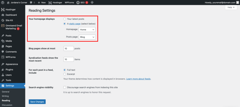 R&eacute;glages de lecture de WordPress, mettant en &eacute;vidence l&rsquo;option permettant de d&eacute;finir une page d&rsquo;accueil
