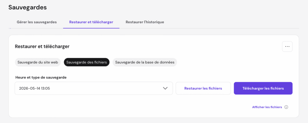 La page Sauvegardes sur hPanel