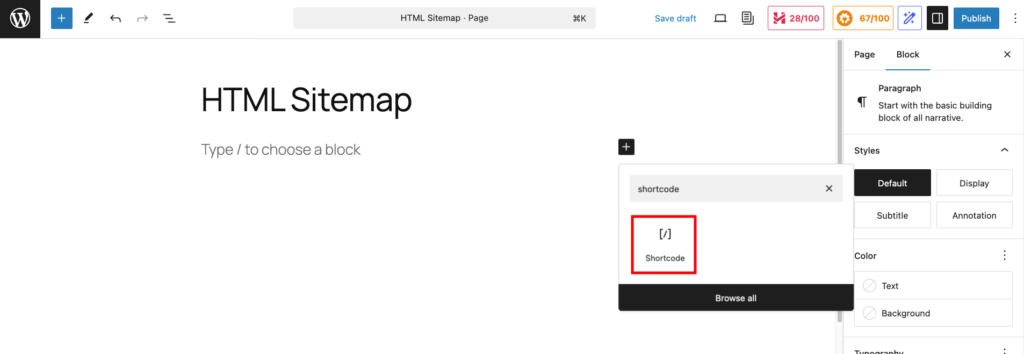 &Eacute;diteur de page WordPress mettant en &eacute;vidence le bloc de shortcode
