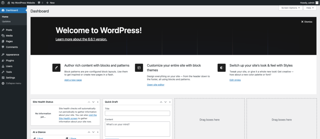 Tableau de bord d&rsquo;administration WordPress par d&eacute;faut

