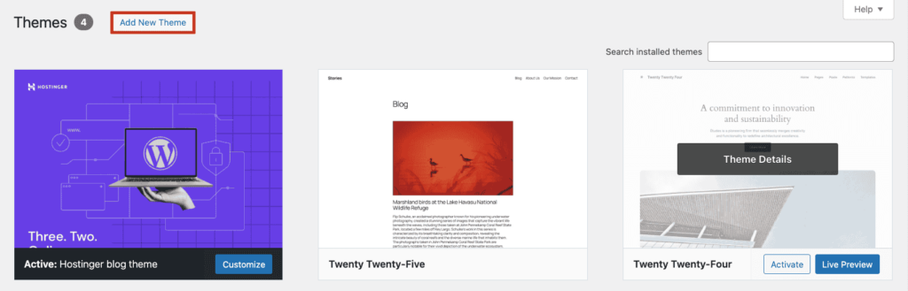 Page des th&egrave;mes WordPress, avec le bouton permettant d&rsquo;ajouter un nouveau th&egrave;me mis en &eacute;vidence

