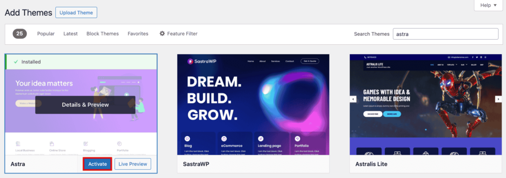 Activation d&rsquo;un th&egrave;me WordPress nouvellement install&eacute;