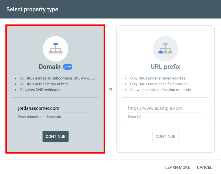 S&eacute;lection du type de propri&eacute;t&eacute; dans Google Search Console
