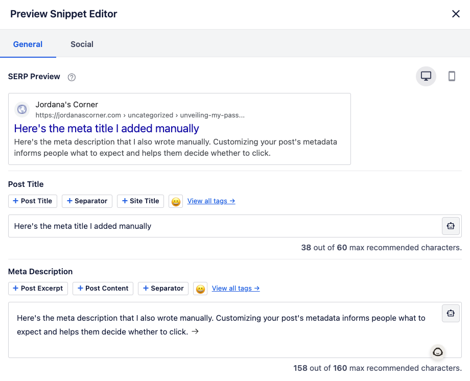 &Eacute;diteur d&rsquo;extrait d&rsquo;aper&ccedil;u AIOSEO dans WordPress
