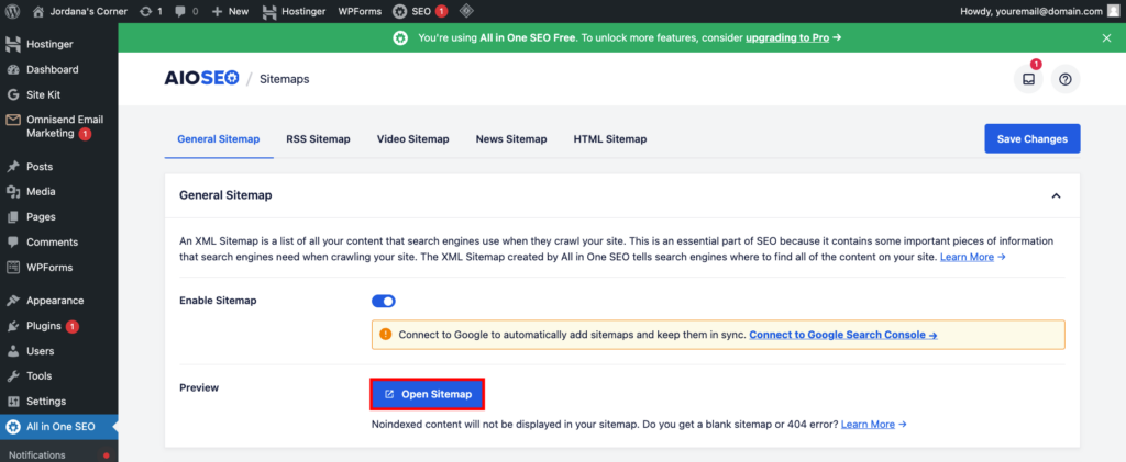 Fonctionnalit&eacute; de plan de site AIOSEO de WordPress
