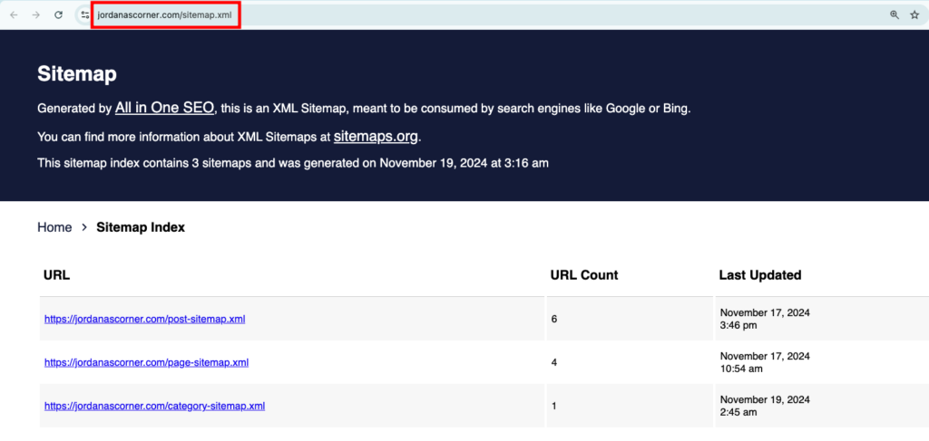 URL du sitemap XML WordPress g&eacute;n&eacute;r&eacute; par AIOSEO