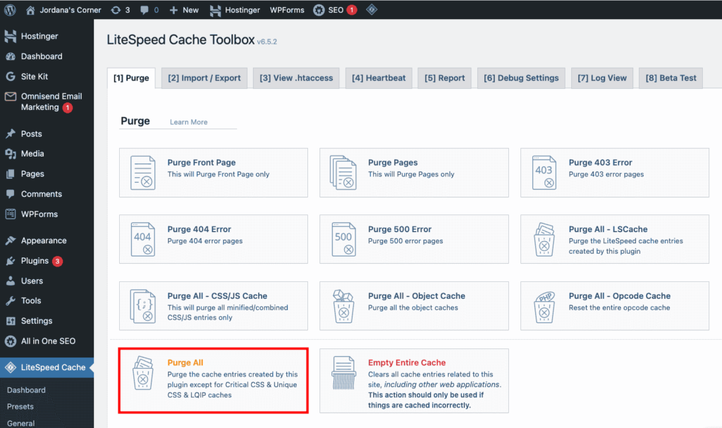 LiteSpeed Cache de WordPress, avec mise en &eacute;vidence de l&rsquo;option permettant de purger tous les caches