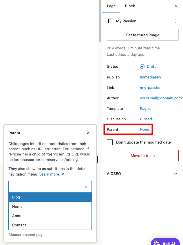 &Eacute;diteur de page WordPress, avec mise en &eacute;vidence de l&rsquo;attribut de page parente
