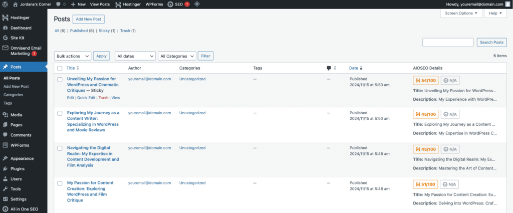Menu Articles de WordPress affichant une liste d&rsquo;articles publi&eacute;s et de brouillons