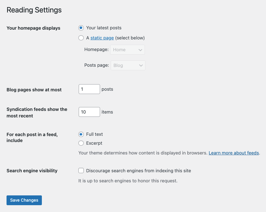 R&eacute;glages de lecture de WordPress avec la configuration permettant d&rsquo;afficher un article mis en avant comme page d&rsquo;accueil
