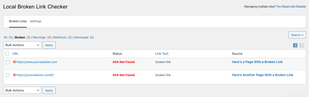 Tableau de bord de Broken Link Checker pour WordPress