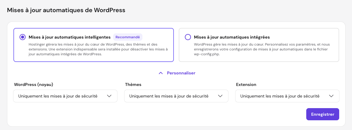 La fonctionnalité de mises à jour automatiques de WordPress de Hostinger avec les mises à jour automatiques intelligentes et les mises à jour de sécurité uniquement activées