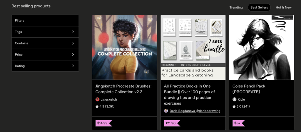 Page des meilleures ventes sur Gumroad
