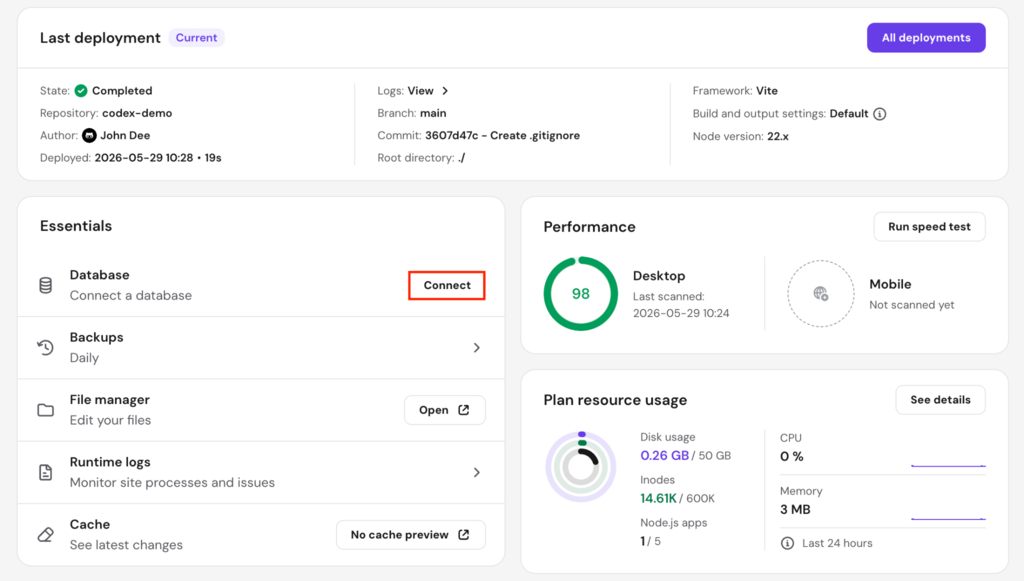 L’assistant de connexion à la base de données dans le tableau de bord d’hébergement Node.js de hPanel