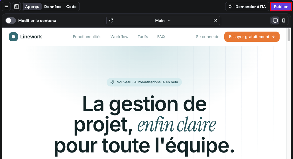 Bouton Publish dans le tableau de bord Hostinger Horizons
