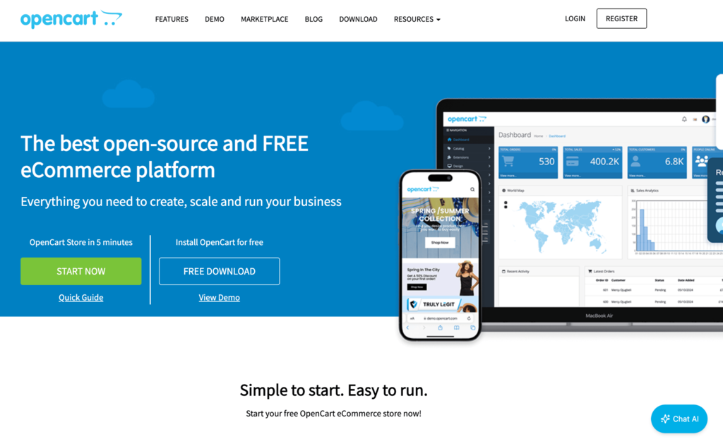 Page d’accueil de la plateforme e-commerce OpenCart