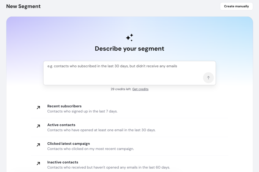 Hostinger Reach's AI segment builder showing a plain-language input field and pre-built segment suggestions including recent subscribers, active contacts, and inactive contacts.