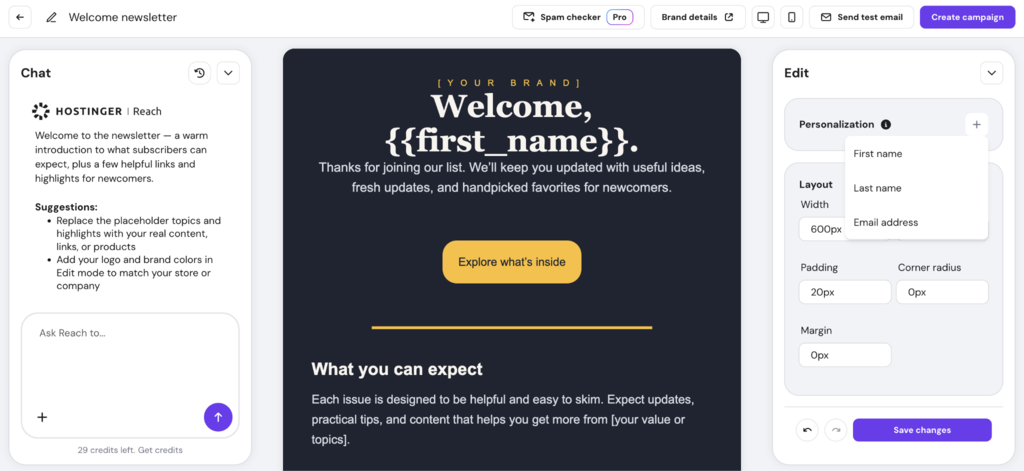 Hostinger Reach's AI email template builder showing a generated welcome newsletter with a personalization placeholder in the headline and the personalization options panel open on the right.
