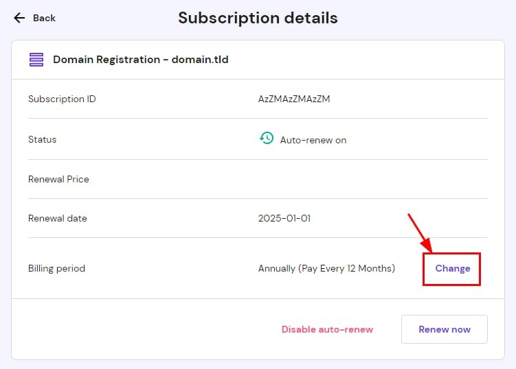 Bagian Detail Langganan di area Penagihan hPanel menunjukkan cara mengubah periode penagihan