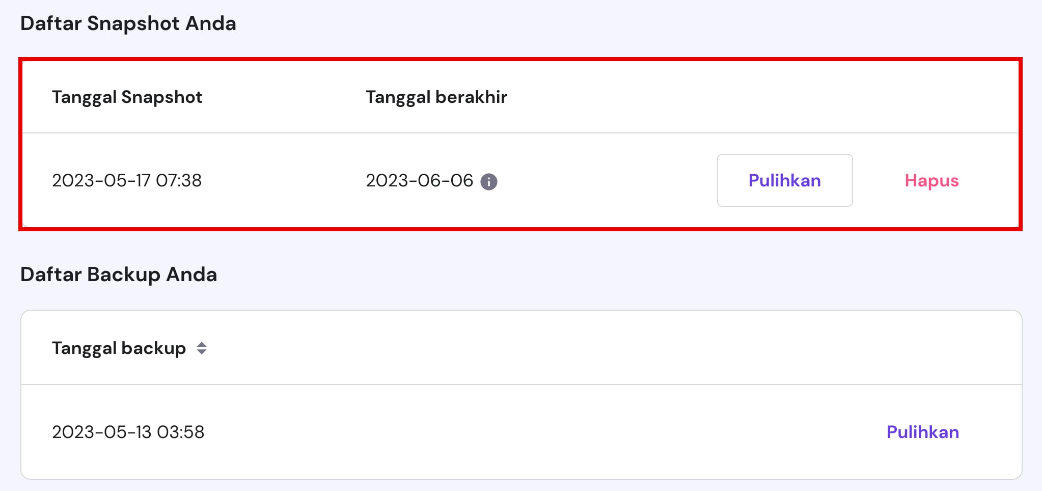 Daftar snapshot VPS