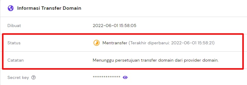Melihat status transfer domain di bagian Domain