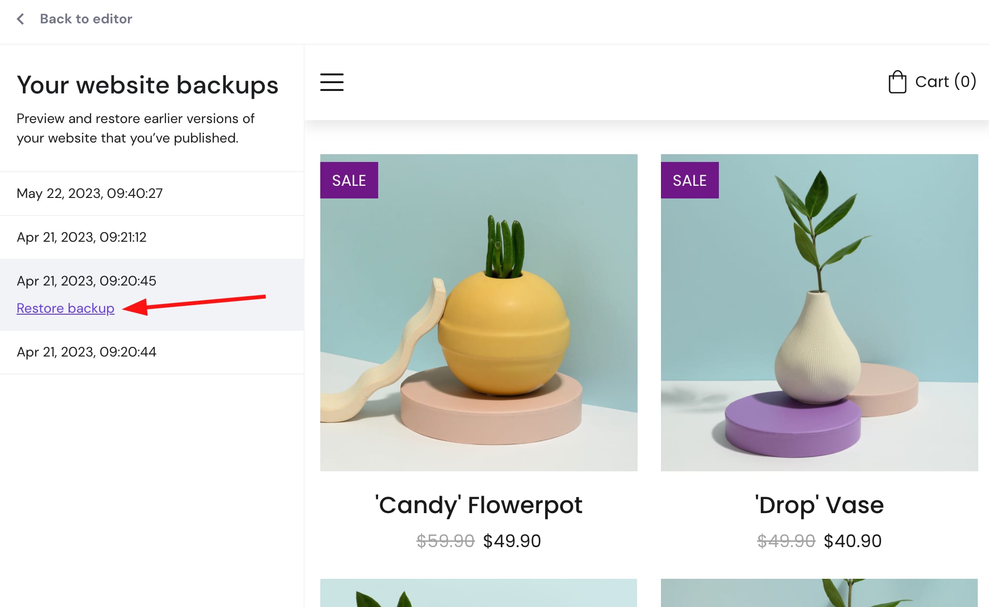 Restoring a preferred version of a website created with Hostinger Website Builder