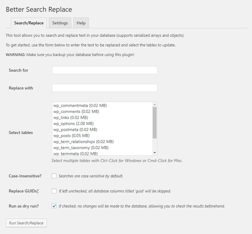 Mengisi informasi tentang apa yang akan dicari di plugin Better Search Replace