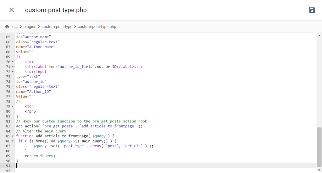 Kode untuk menampilkan custom post type dalam file plugin.
