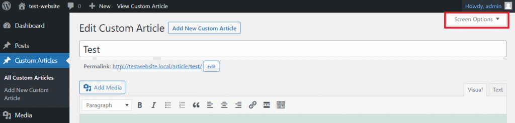 Menu Screen Option yang dipilih di layar editor WordPress