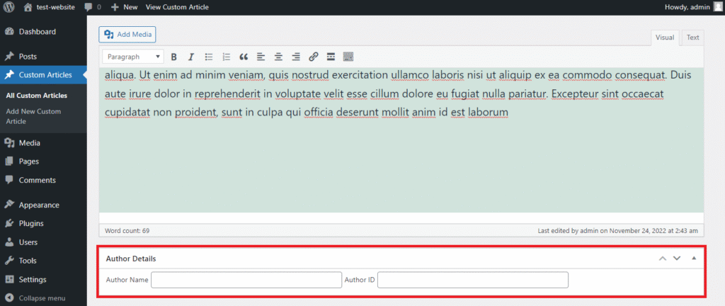 Kotak detail author kustom di layar editor postingan WordPress