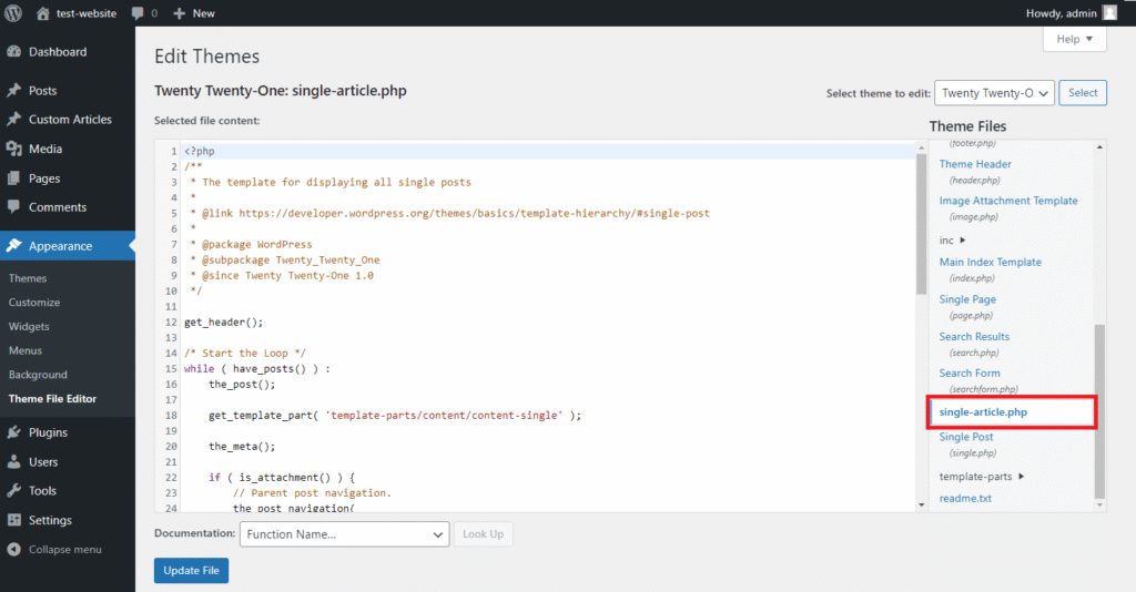 single-article.php di layar editor file tema WordPress